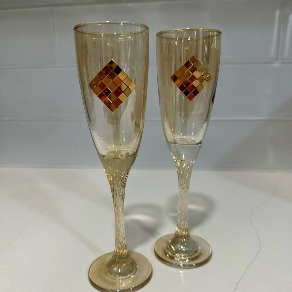 Franco Vetrerie Champagne Flute Glasses Set Of 2 Bronze Tone Embellish crystal - Picture 6 of 8